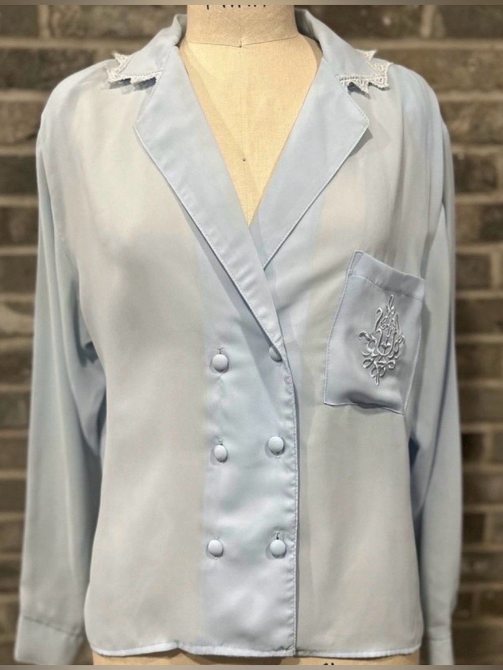 Vintage Charlotte Van Horne Blue Satin Secretary Blouse Lace Collar Size 10
